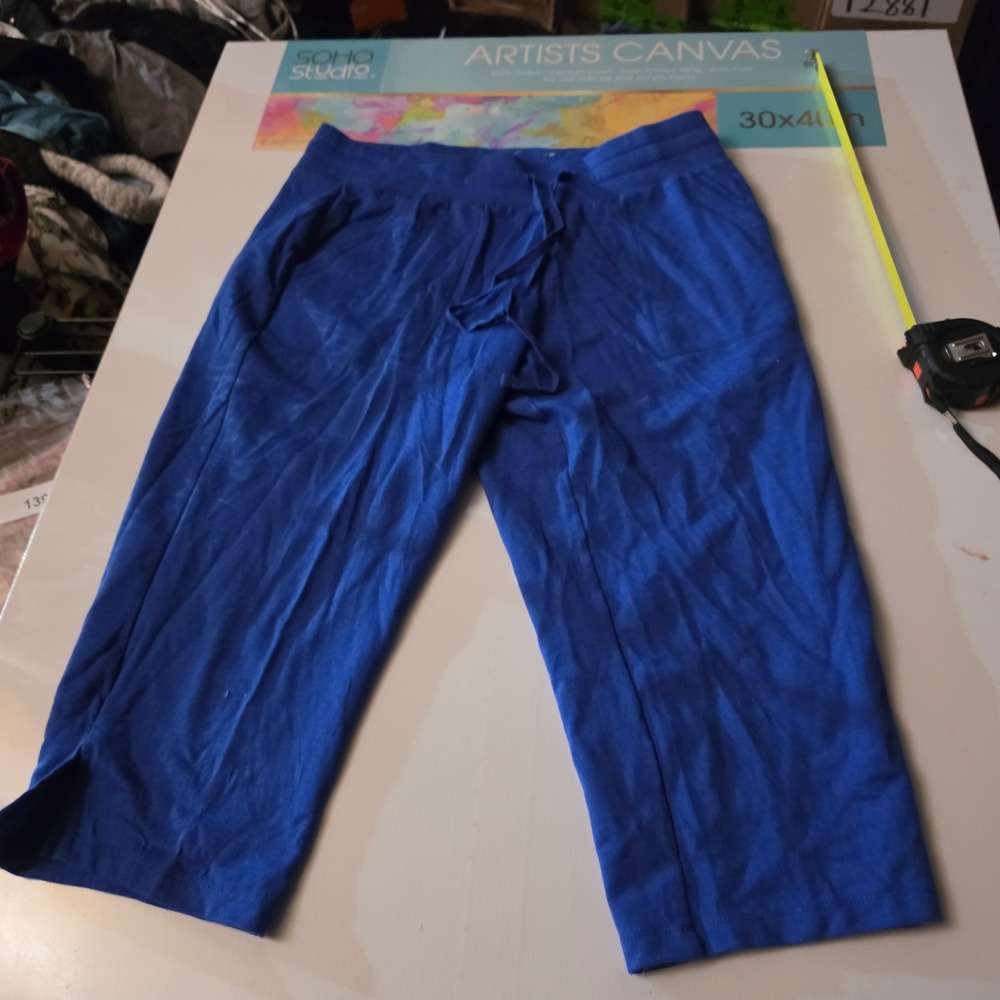 St Johns Bay Petite Capri Pants Womens PL Blue Drawstring French Terry Joggers